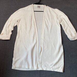 Chicos White Cardigan Sweater Cotton 3/4 Sleeve Ribbed Knit Design Womens sz 1 M